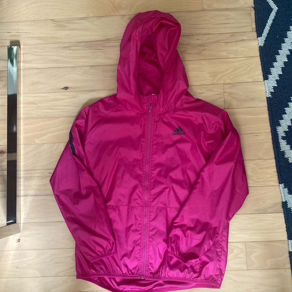 Adidas zip jacket, hot pink w/hood & perorated liner. Excellent used condition.